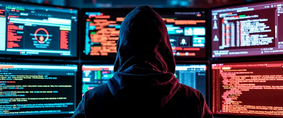 A hacker in front of screens — social engineering and remote‑access attacks
