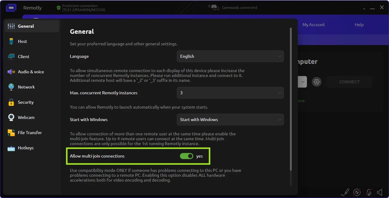 Remotly settings — allowing multi‑join connections
