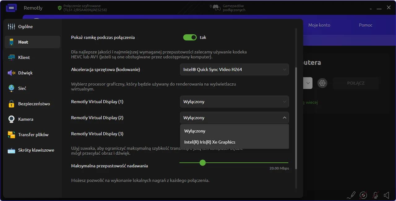Ustawienia Remotly — przypisywanie GPU do wirtualnych monitorów