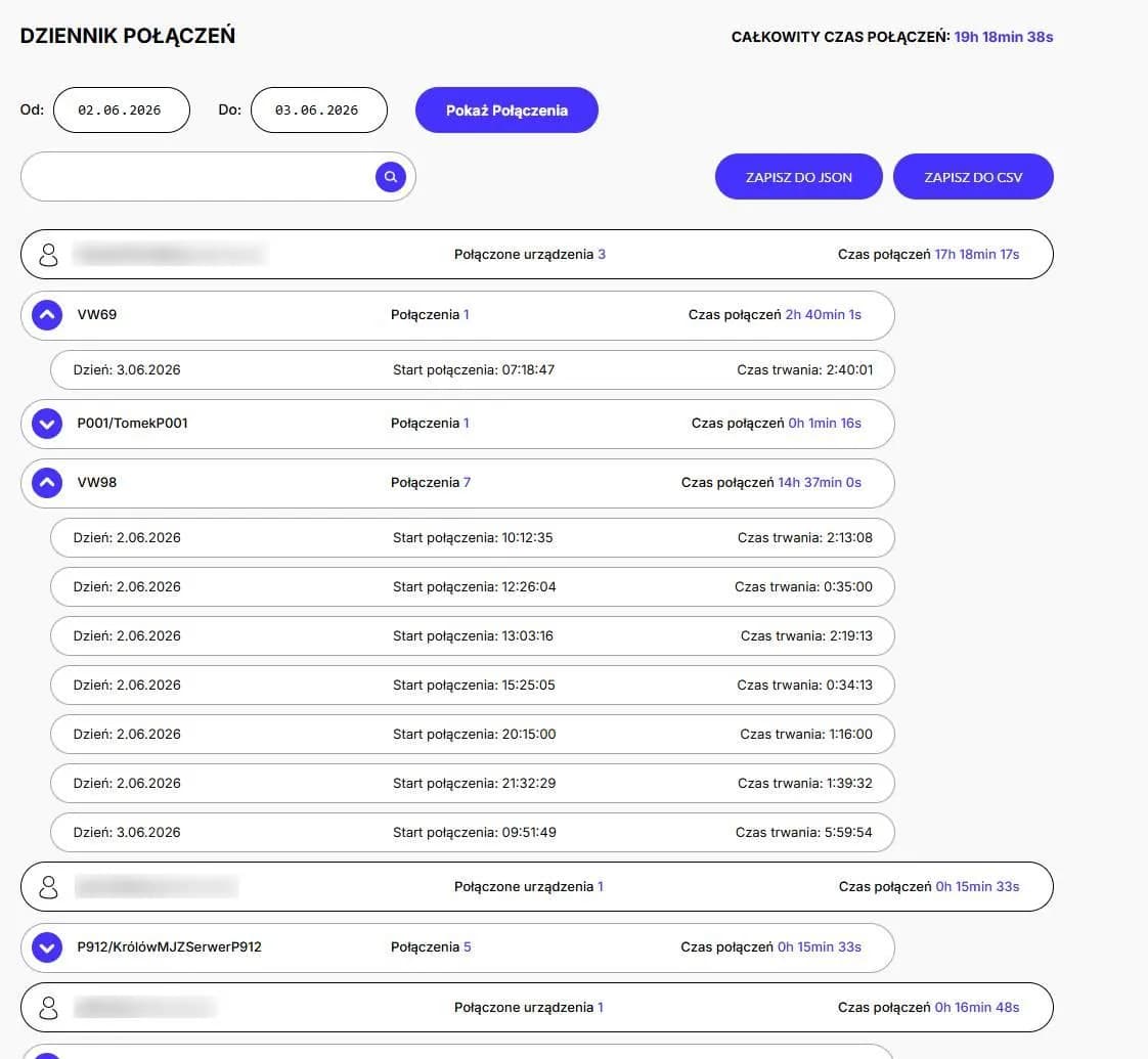 Connection log in the Remotly admin panel
