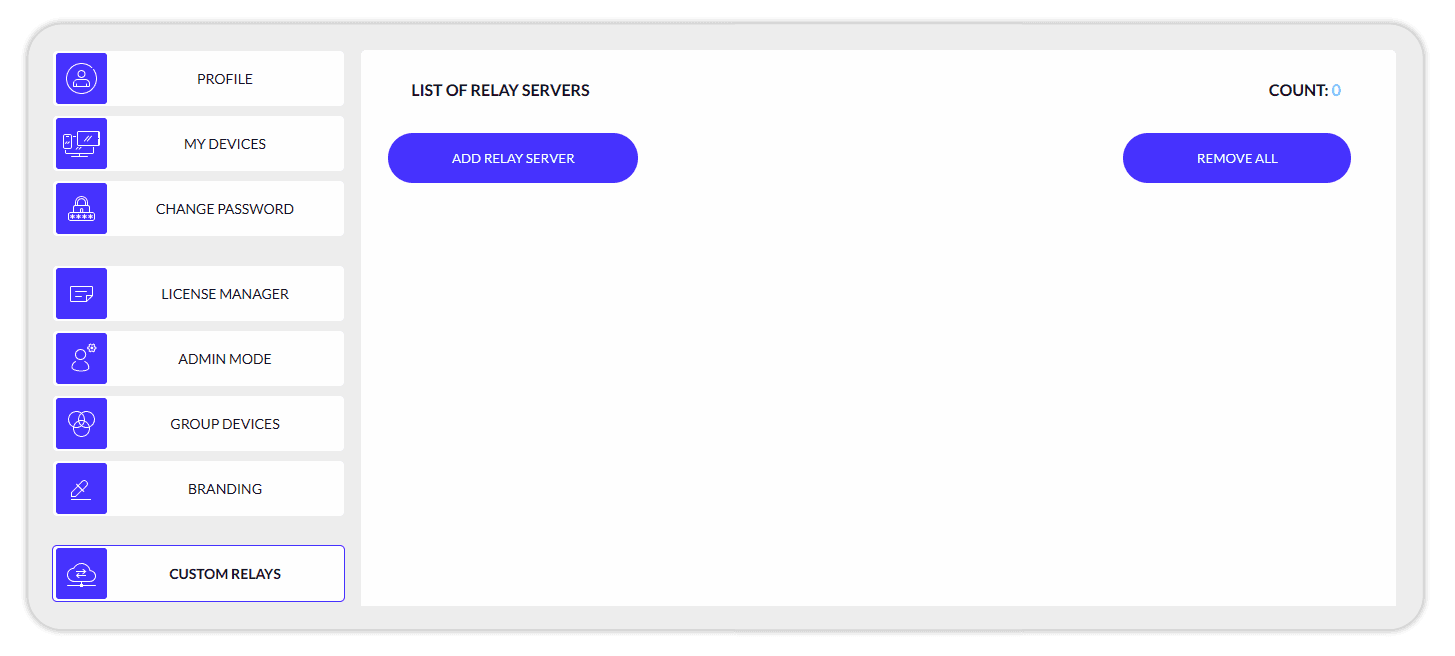 Custom relays panel in the Remotly user panel