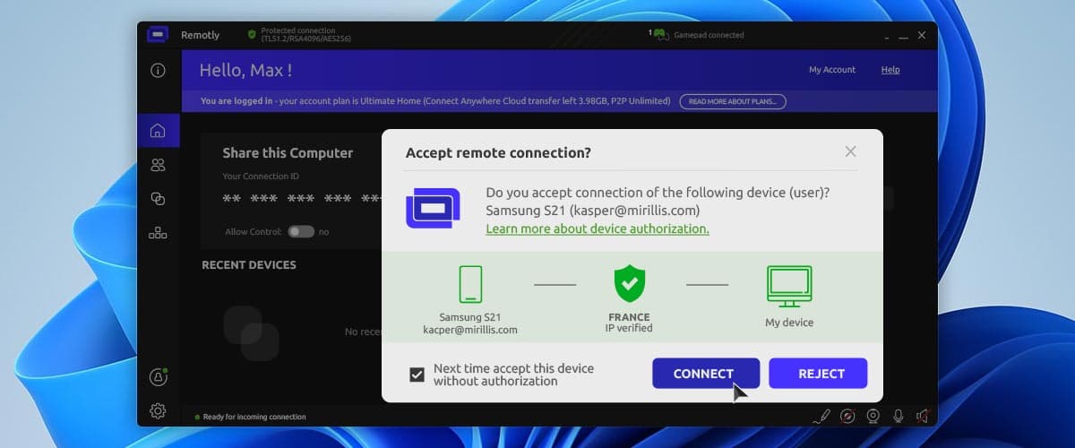 Popup zur Geräteautorisierung